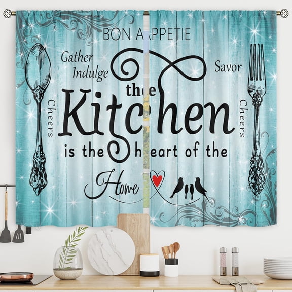 Rustic Country Wooden Board Kitchen Curtains Short Small Farmhouse Teal Blue Rod Pocket Shiny Stars Turquoise Fork Spoon Bedroom Living Room Treatment Fabric 2 Panels 27.5Wx39H Inch