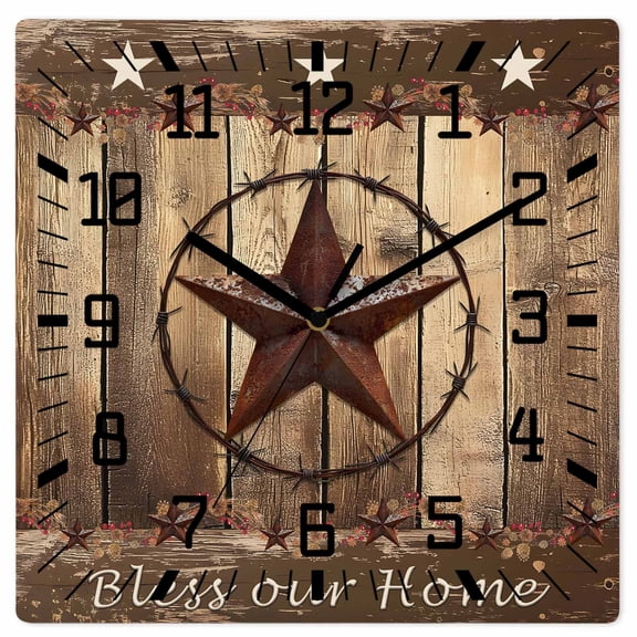Rustic Country Wooden Wall Clock Silent Non Ticking, Western Stars Brown Texture Wooden Print Square Wall Clocks Battery Operated, Decor Clock for Home Office, Living Room, Kitchen, 12 Inch