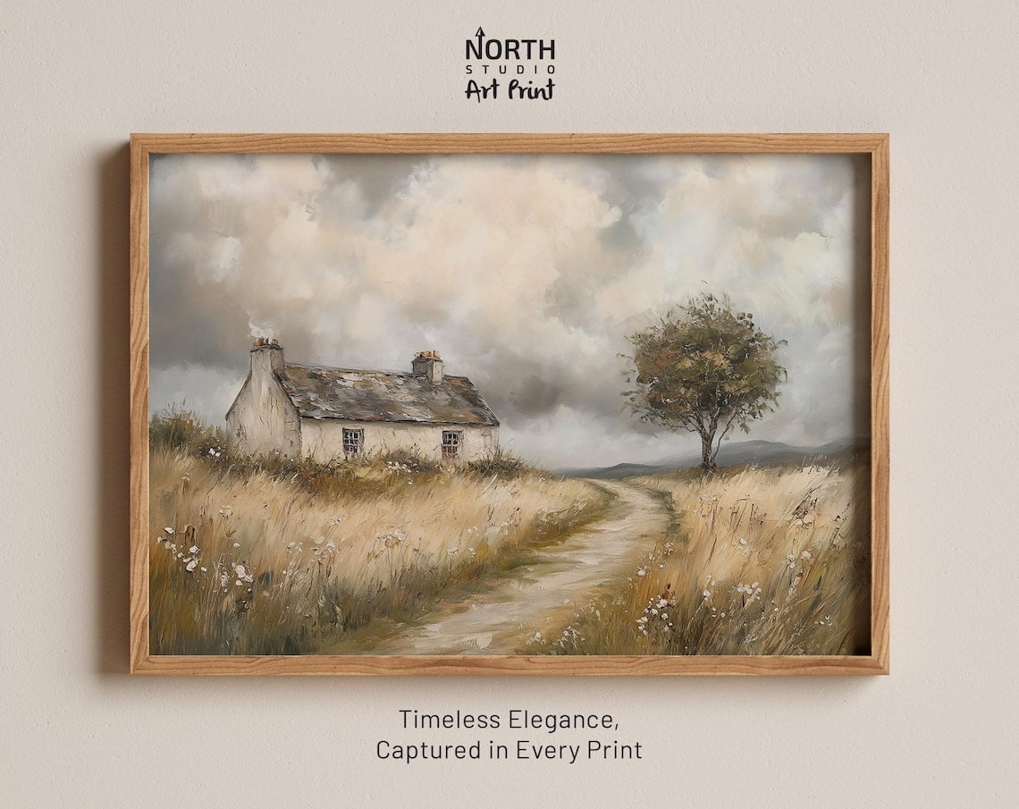 Rustic Countryside Cottage Art, Serene Landscape Painting, Vintage ...