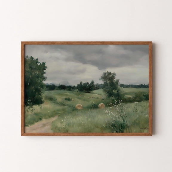 Rustic Countryside Landscape | Muted Green Field with Hay Bales Moody Summer Scene | VI448 Unframed Paper Print