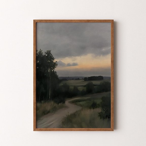 Rustic Countryside Landscape Print, Moody Summer Sunset Wall Art