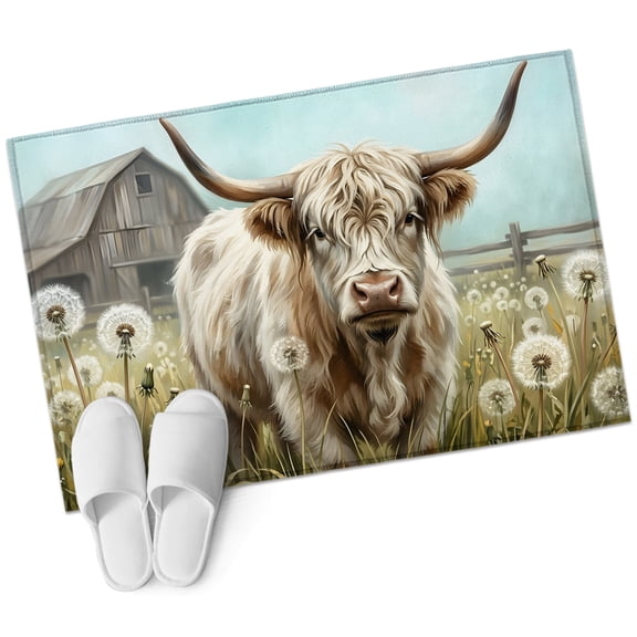 Rustic Cow Bathroom Rug Washable 2x3 Entryway Rug Non Slip Highland Dandelion Farmhouse Barn Grassland Front Door Mat Low Pile Indoor Doormat Throw Floor Carpet for Kitchen Bedroom Entrance