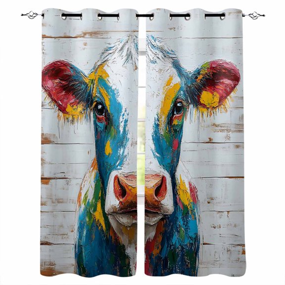 Rustic Cow Blackout Curtains for Bedroom/Living Room, Thermal Insulated Kitchen Curtains, Vintage Colorful Animals Art Wooden Grain Grommet Darkening Window Treatment Drapes 42"x84"x2
