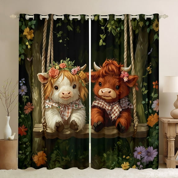Rustic Cow Curtains,38x54 inch Cowboy Cowgirl 30%-50% Blackout Curtains 30-50%,Cartoon Highland Cow Curtains Drapes,Western Floral Animal Window Curtains 2 Panels for Bedroom