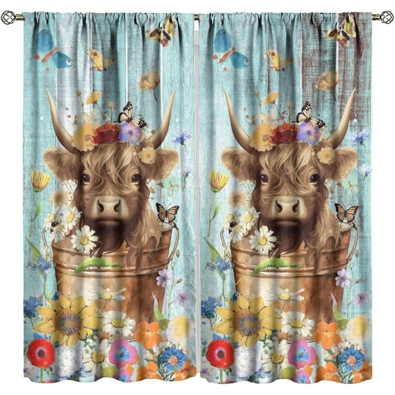 Rustic Cow Curtains for Kitchen, Vintage Wood Paneling Rustic Farmhouse Cabin Highland Cow Floral Butterfly Print Blackout Rod Pocket Window Treatments Drapes for Bedroom Living Room 84"W X 84"L