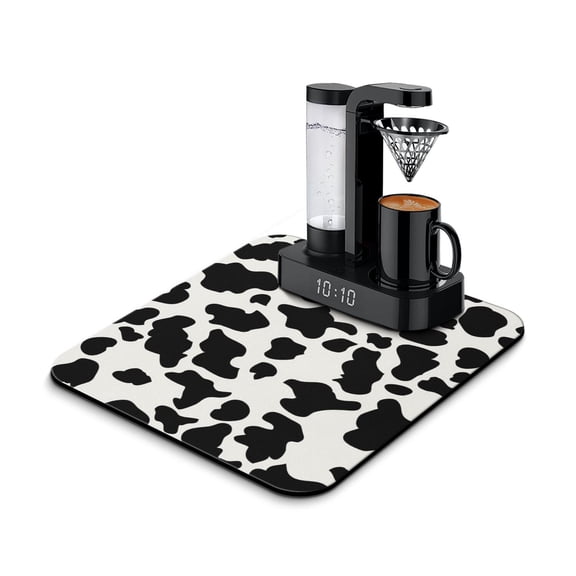 Rustic Cow Design Dish Drying Mat Country-Themed Absorbent Coffee Mat with Artistic Black and White Cow Pattern Leak-Proof Diatom Mud Under Coffee Maker Mat for Farmhouse Kitchen Decor Minimalist Anim
