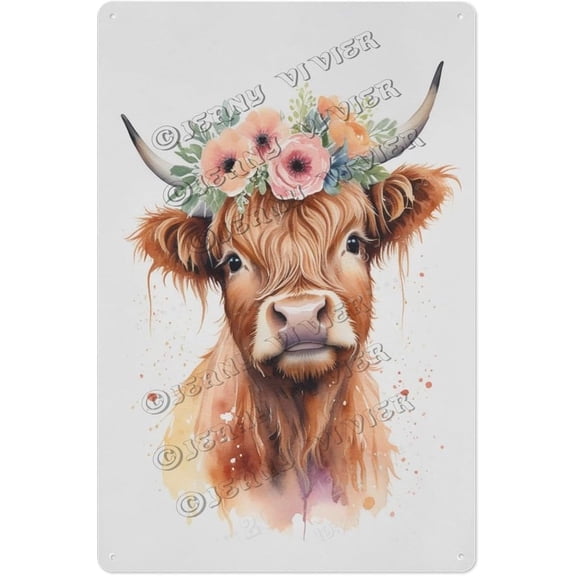 Rustic Cow with Flower Crown Tin Sign Antique-Style Farm Animal Wall Decor for Bathroom, Porch, Garden Gift for Women, Farmhouse Moms, and Spring Decorating 8x12 inch