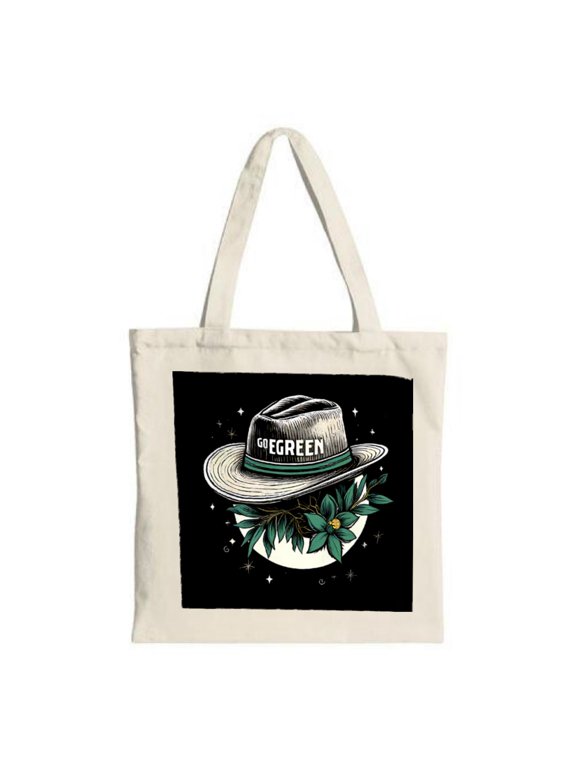 Rustic Cow Hat Tote Bag - ' O ' GREEN ' with Green Leaves & Stars on Dark Background Perfect for Shopping Travel & Parties