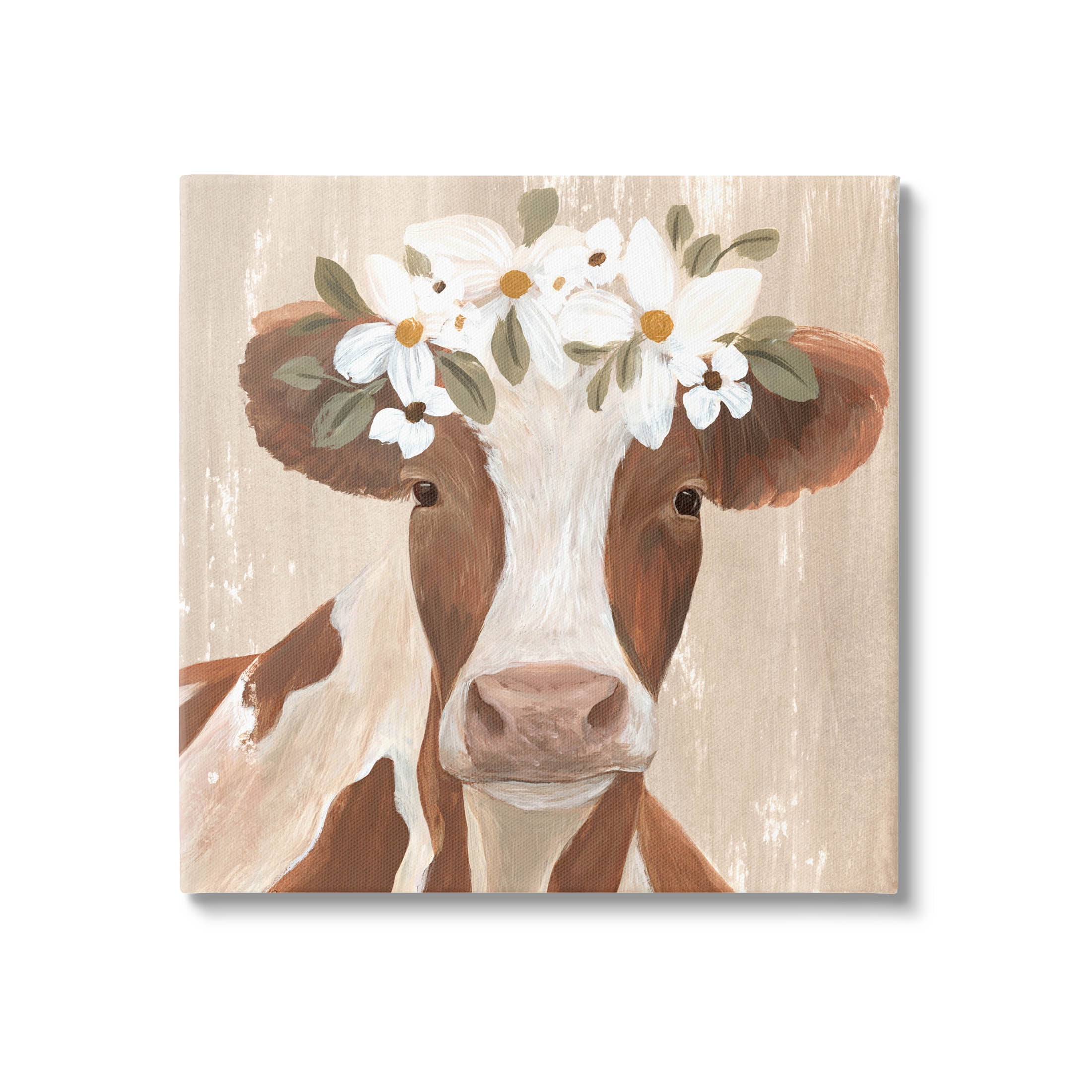 Rustic Cow Portrait Flower Blossoms Canvas Wall Art, 24" x 24"