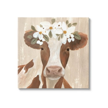 Rustic Cow Portrait Flower Blossoms Animals & Insects Graphic Art Gallery Wrapped Canvas Print Wall Art