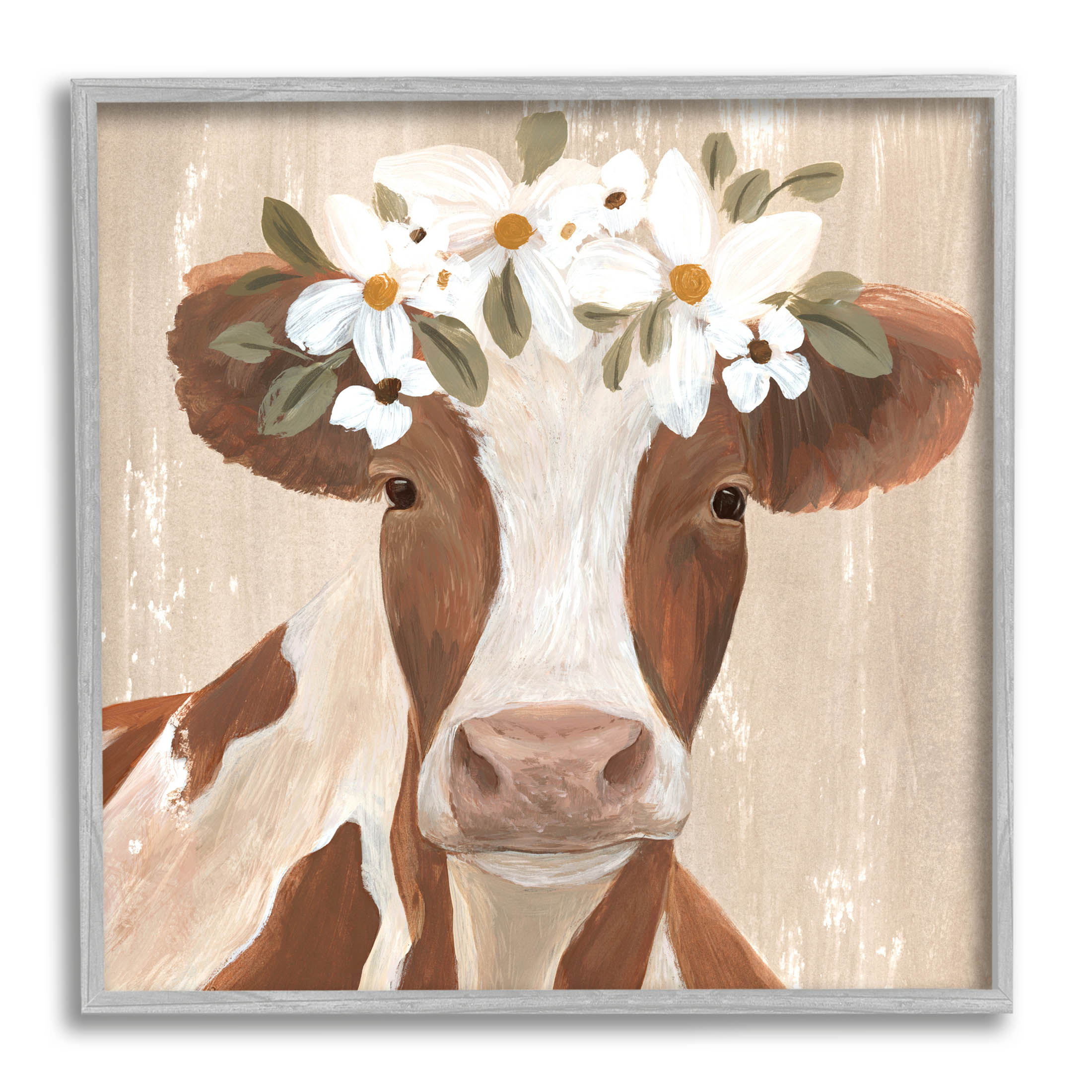 Rustic Cow Portrait Flower Blossoms Animals & Insects Graphic Art Gray Framed Art Print Wall Art