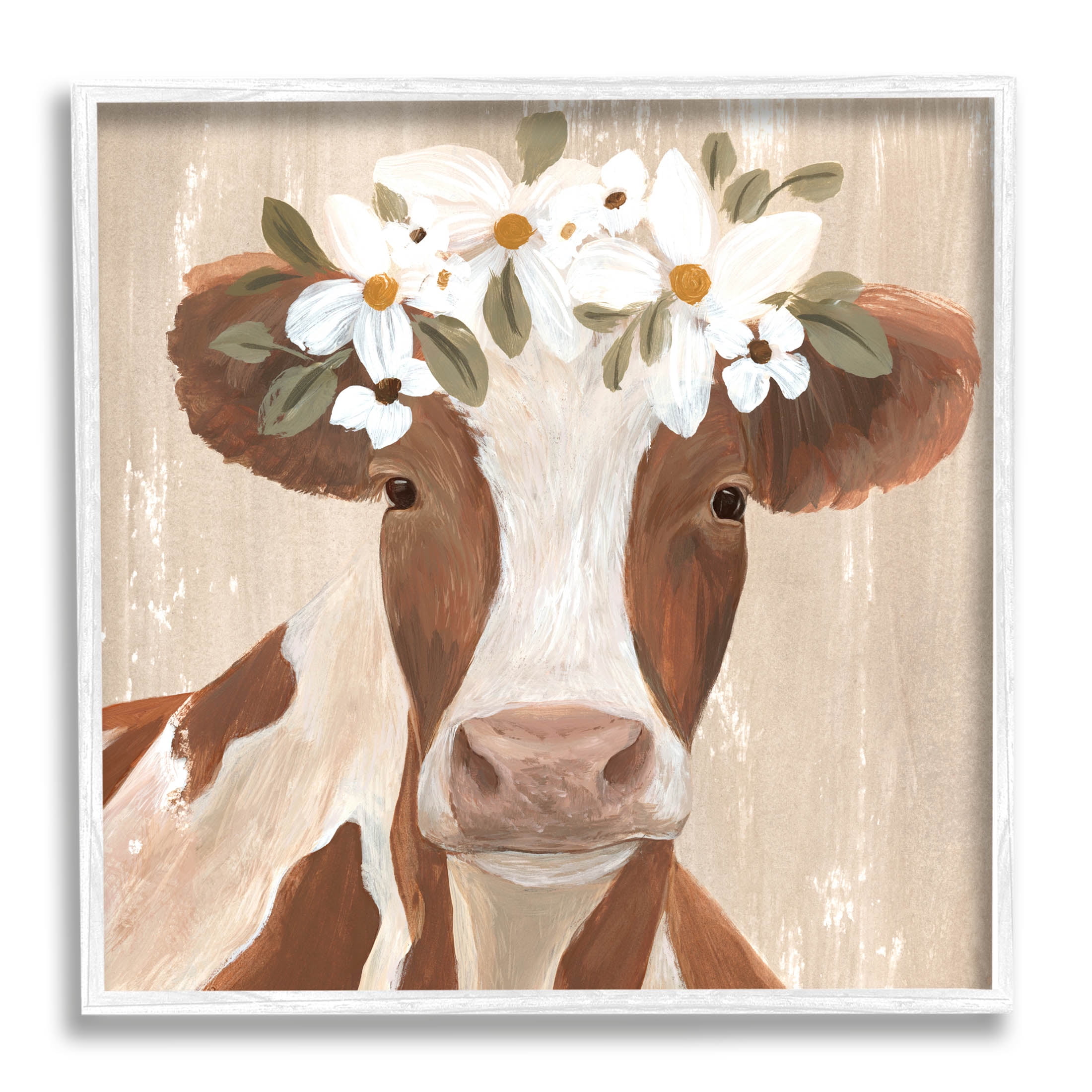 Rustic Cow Portrait Flower Blossoms Animals & Insects Graphic Art White Framed Art Print Wall Art