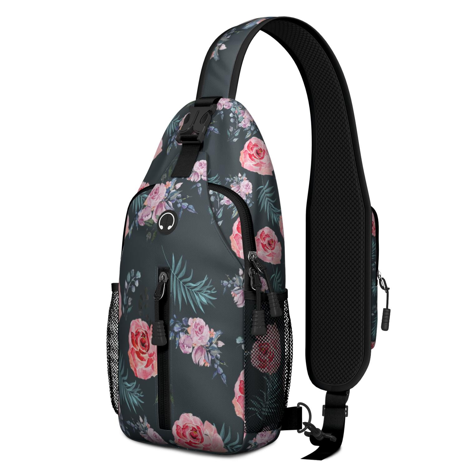 Rustic Cow Print Sling Backpack with Country Farmhouse Design – Black and White Buffalo Pattern Crossbody Bag Featuring Cute Cartoon Cows, Floral Texture, Vintage Aesthetic
