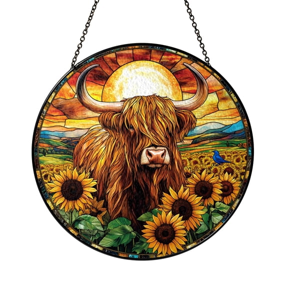 Rustic Cow Stained Glass Style Window Hanging, Sunflower Farm Art Panel, Decorative Glass Style Window Decor for Cottage and Farm Inspired Interior