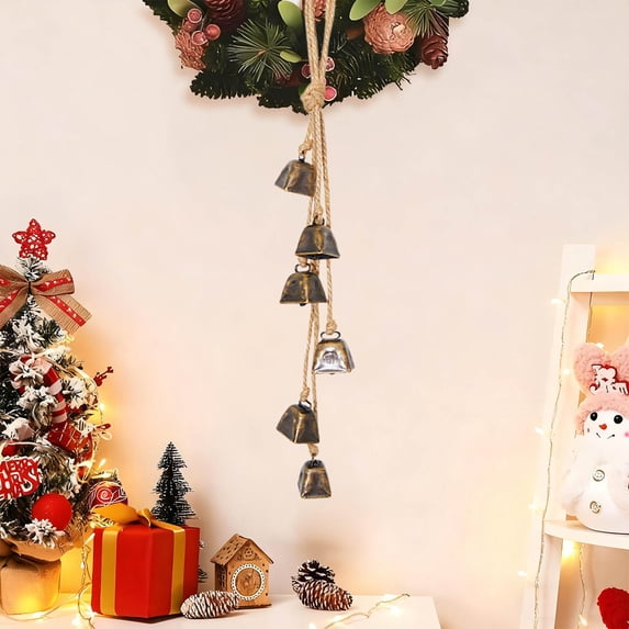 Rustic Cowbell Wind Chime - Farmhouse Christmas Decor with Hemp Rope, Vintage Metal Bells for Porch Wall Holiday Decorating (Shabby Chic Style)