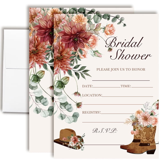 Rustic Cowboy Boot Bridal Shower Invitations, 20 Fill-In Cards with Envelopes, 5x7 Wedding Shower Invitations for Bride, Bridal Party Supplies and Decorations, Made in USA by Amanda Creation
