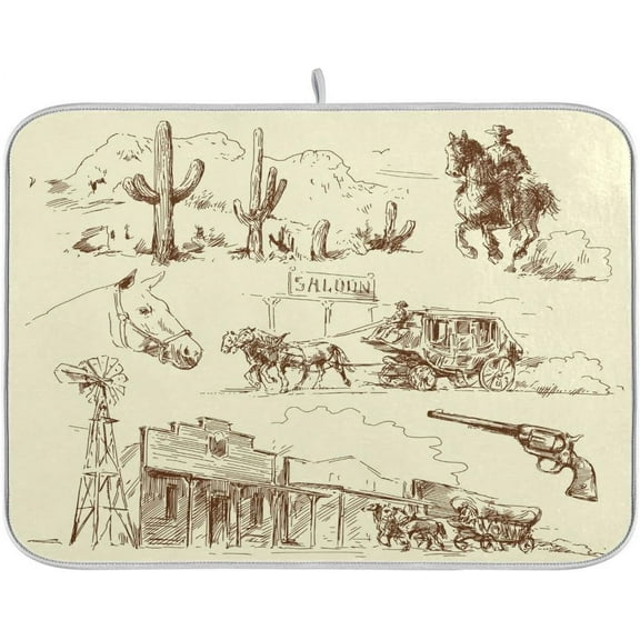 Rustic Cowboy Dish Drying Mat for Kitchen Counter Western Desert Cactus Drying Mats Super Absorbent Reversible Microfiber Kitchen Countertop Protector Dishes Pad Large 18x24 inch