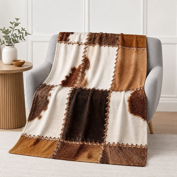 Rustic Cowhide Patchwork Fleece Throw Blanket, Soft Farmhouse Faux Cow Print Blanket for Couch Sofa Bed, Brown Tan Western Decor