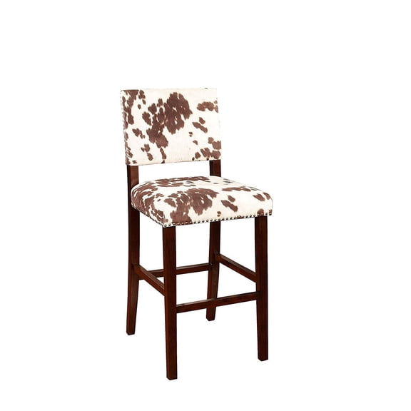 Rustic Cowhide Print Bar Stool, Espresso Wood Finish, 30 Inch Seat Height, Brown and White Microfiber