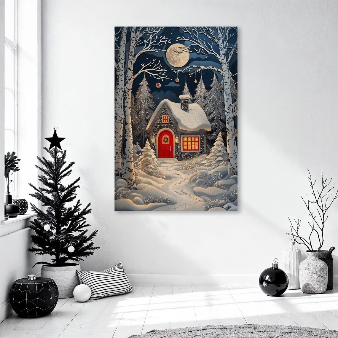 Rustic Cozy Cabin Wall Art Winter Forest Landscape Poster Winter Night ...