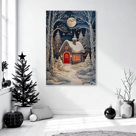 Rustic Cozy Cabin Wall Art Winter Forest Landscape Print Winter Festive Night Poster Festive Decor Family Ready to Hang, Unframed Poster Size 16x24