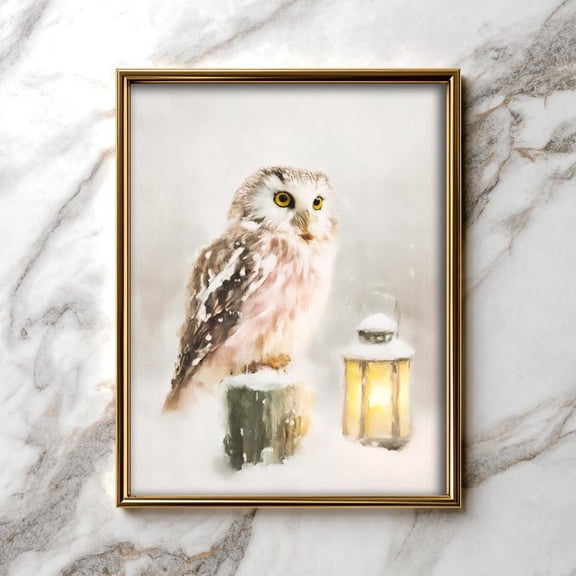 Rustic Cozy Winter Owl - Bird Wall Art, Serene Snowy Scene, Lantern Glow, Neutral Tones, Winter Decor, 77 Unframed Paper Print