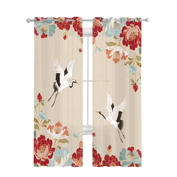 Rustic Crane Sheer Curtains 84 Inch Length 2 Panels Set for Living Room/Bedroom, Vintage Red Teal Spring Floral Botanical Kitchen Curtains Grommet Semi-Sheer Curtains Window Treatments 42"x84"x2