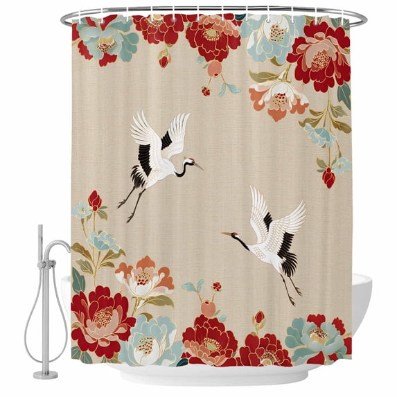 Rustic Crane Shower Curtain Set - 48" x 72" Washable Bathtub Curtain with 12 Hooks, Vintage Red Teal Spring Floral Botanical Waterproof Fabric Stall Shower Curtains for Bathroom/Bathtub Décor