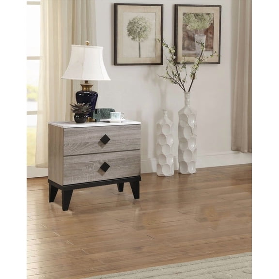 Cream Oak Rustic Bedroom Nightstand with Faux Marble Top