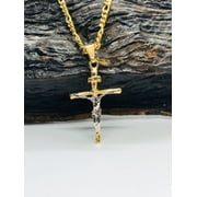 PRIMEJEWELRY269 Two Tone Rustic Cross Necklace Pendant 33x18mm for Womens Mens 14K Gold Filled Figaro Chain 20"