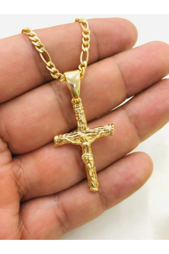 Rustic Cross Necklace for Mens Figaro Chain 36x23mm/Figaro Chain Necklace 24"/Mens Cross Necklace/Cadena y Dije de Cruz Oro para Hombre