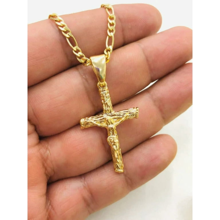 Rustic Cross Necklace for Mens Figaro Chain 36x23mm/Figaro Chain Necklace 24 inch/Mens Cross Necklace/Cadena Y Dije de Cruz Oro Para Hombre, Men's