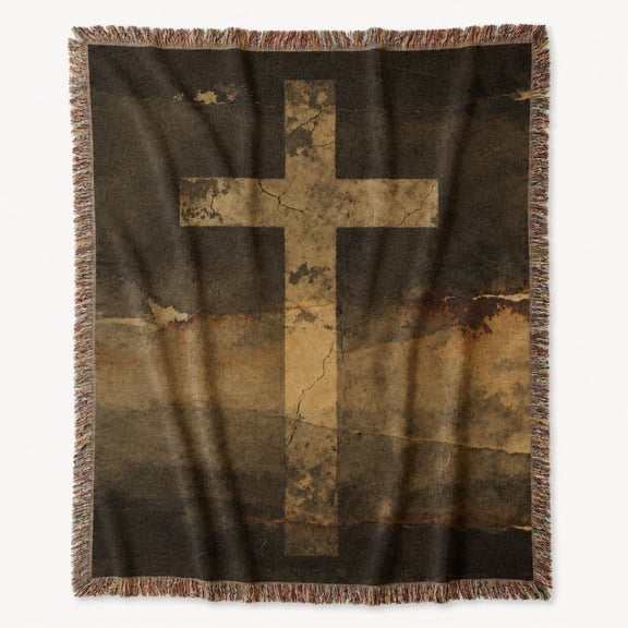 Rustic Cross Woven Throw Blanket – 100% Cotton Fringed Faith Decor, Made in USA