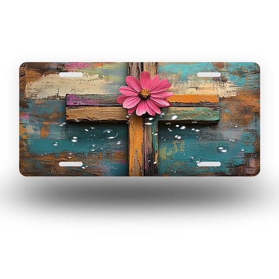 Rustic Cross with Pink Flower Front License Plate, Funny Standard Plates Personalized Novelty Decorative For Men/Women/Boys/Girls Car 6×12 Inch