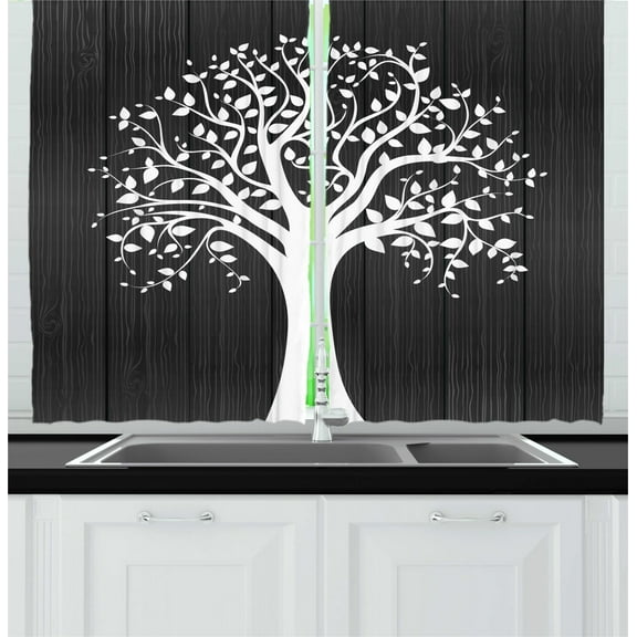 Rustic Curtains 2 Panels Set, A Tree with Many Leaves Pattern Wooden Background Botanical Theme Illustration Print, Window Drapes for Living Room Bedroom, 55W X 39L Inches, White, by Ambesonne