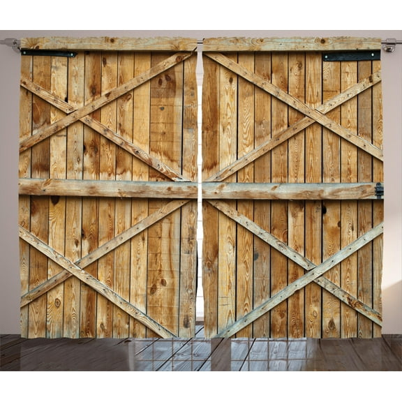 Rustic Curtains 2 Panels Set, Traditional Wooden Timber Door with Vertical and Cross Planks Farmhouse Antique Photo, Window Drapes for Living Room Bedroom, 108W X 90L Inches, Brown, by Ambesonne