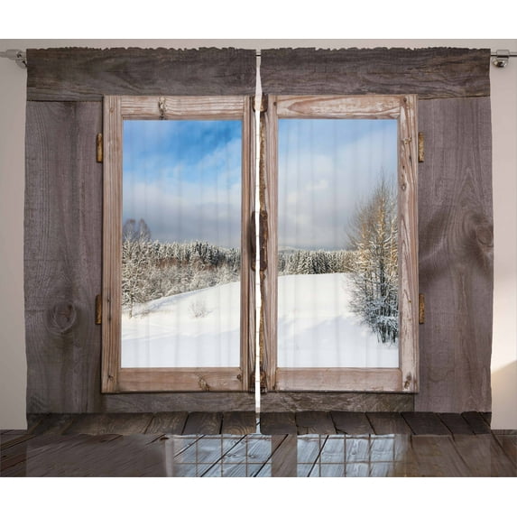 Ambesonne Rustic Curtains 2 Panel Set, Winter Season Scene, 108" x 90", Umber White Blue