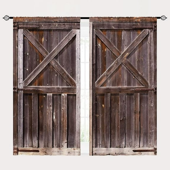 Rustic Curtains Rod Pocket Farm Retro Woods Vintage Wooden Barn Door Village Farmhouse Country Print Blackout Curtains Window Drapes For Cafe Living Room Bedroom Closet 26"W x 54"L (Pack of 2)
