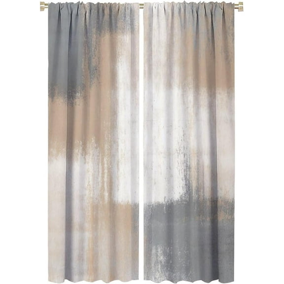Rustic Curtains Tan Brown Grey White Abstract Pattern Blackout Print Rod Pocket Window Drapes for Bedroom Living Room 52x84in