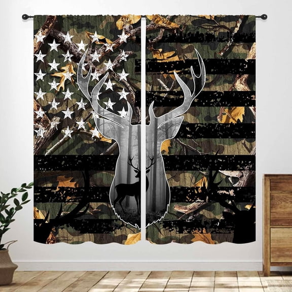 Rustic Curtains,Vintage Farmhouse Camo Forest Wildlife Elk Hunter Camouflage Woodland USA American Flag Rural Style Curtains for Bedroom Living Room Kitchen Window 42" W x 84" L,2 Panel Set