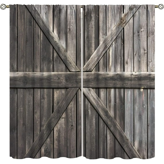 Rustic Curtains for Bedroom, Old Barn Door Wooden Board Living Room Curtains, Rural Hardwood Farmhouse Western Retro Drapes 2 Panel Sets,55x63 Inch