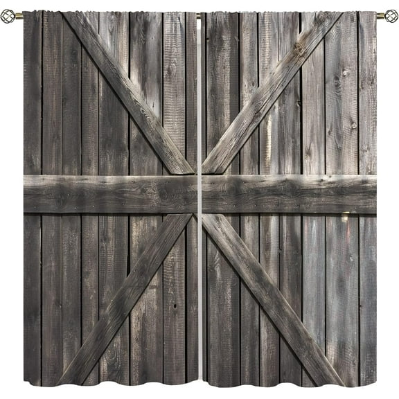 Rustic Curtains for Bedroom, Old Barn Door Wooden Board Living Room Curtains, Rural Hardwood Farmhouse Western Retro Drapes 26"W x 45"L (Pack of 2)
