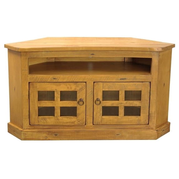 Rustic Curve Corner TV Stand with 2 Glass Panel Doors, Rustic Yellow
