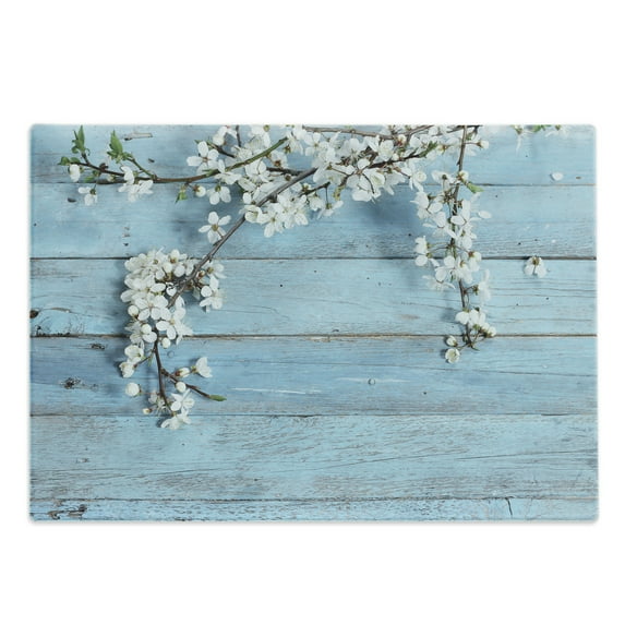 Rustic Cutting Board, Branch Blooming Warm Season Flowers on Wooden Fragility of Spring, Decorative Tempered Glass Cutting and Serving Board, Large Size, White Pale Blue, by Ambesonne