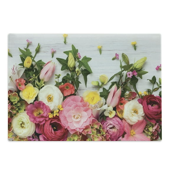 Rustic Cutting Board, Bunch of Flowers Ranunculus on Wood Backdrop Rose Floral Arrangement Spring Pattern, Decorative Tempered Glass Cutting and Serving Board, Large Size, Multicolor, by Ambesonne