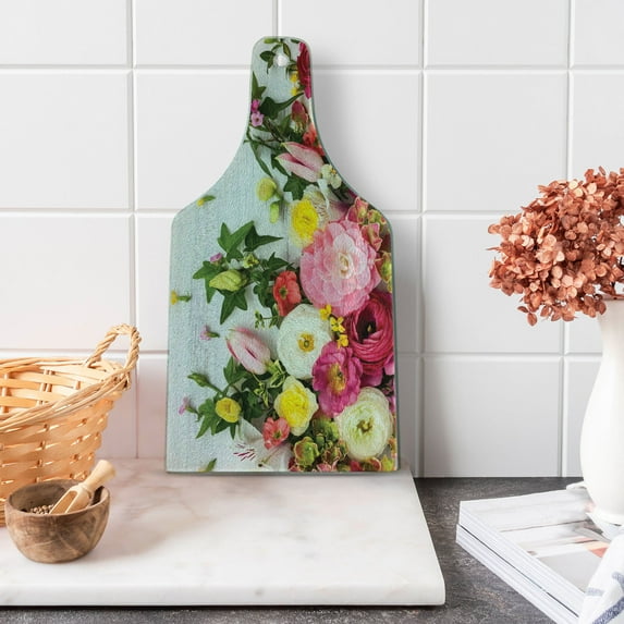 Rustic Cutting Board, Bunch of Flowers Ranunculus on Wood Backdrop Rose Floral Arrangement Spring Pattern, Tempered Glass Cutting and Serving Board, Wine Bottle Shape, Multicolor, by Ambesonne
