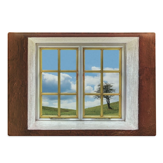 Rustic Cutting Board, Meadow Grass with Tree Through Window Countryside Rural Cottage Flourishing Image, Decorative Tempered Glass Cutting and Serving Board, Large Size, Multicolor, by Ambesonne