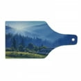 thumbnail image 1 of Rustic Cutting Board, Mountain Village Ukraine Rising Sun Pine Trees Forest Wooden House Nostalgic Photo, Tempered Glass Cutting and Serving Board, Wine Bottle Shape, Green Blue, by Ambesonne, 1 of 1