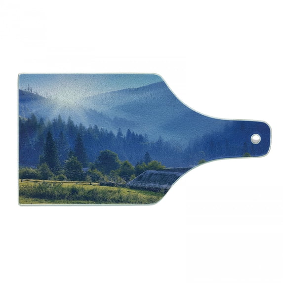Rustic Cutting Board, Mountain Village Ukraine Rising Sun Pine Trees Forest Wooden House Nostalgic Photo, Tempered Glass Cutting and Serving Board, Wine Bottle Shape, Green Blue, by Ambesonne