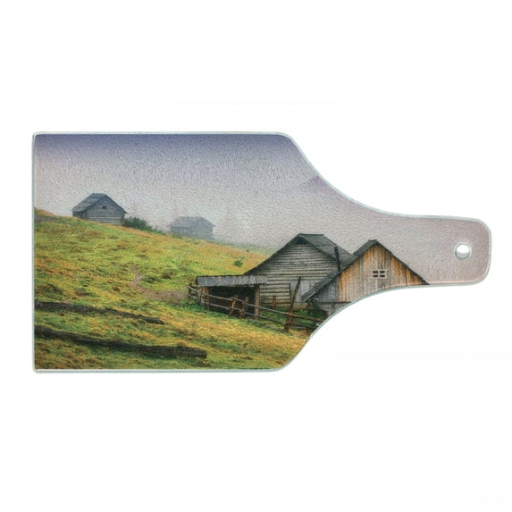 Rustic Cutting Board, Nature Wooden Houses in a Carpathian Mountains Ukraine Early Misty Morning Picture, Tempered Glass Cutting and Serving Board, Wine Bottle Shape, Green Brown, by Ambesonne